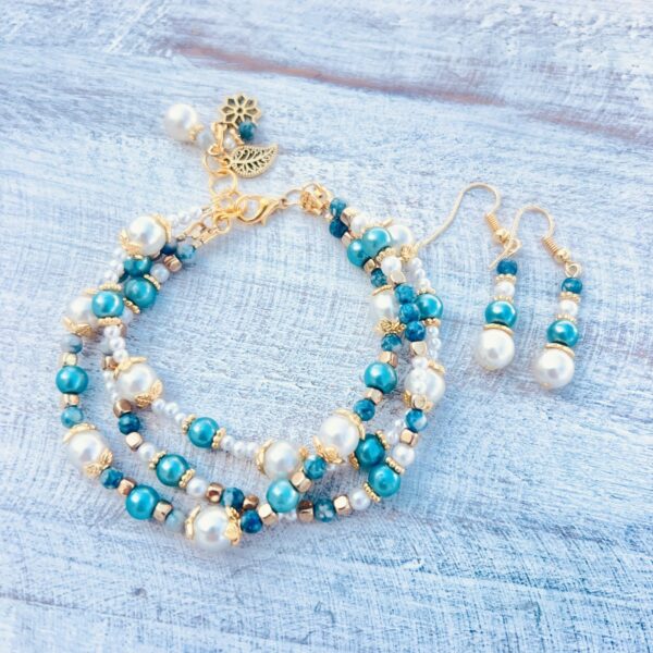 Teal and White Glass Pearl Gold Tone Triple Strand Bracelet & Earrings Set