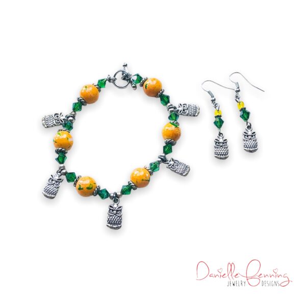 Yellow & Green Owl Charm Bracelet and Earrings set