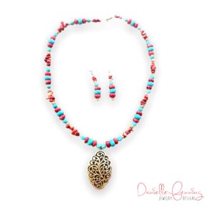 Teal and Red Coral Gold Necklace Set