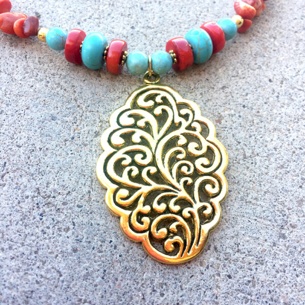 Teal and Red Coral Gold Necklace Set
