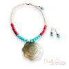 Red Bamboo, Turquoise and Cream Bronze Necklace and Earrings Set