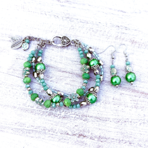 Seafoam Green Triple Strand Glass and Flowers Bracelet & Earrings Set
