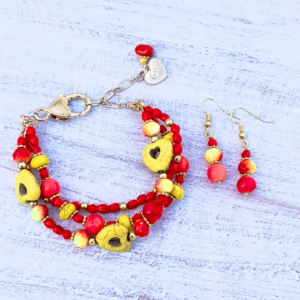 Red Glass and Yellow Turquoise Multi-Strand Bracelet & Earrings Set