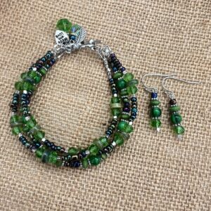Green and Black Glass Triple Strand Bracelet & Earrings Set