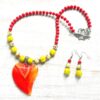 Pink Agate, Painted Glass and Rubberized Beads Necklace and Earrings Set