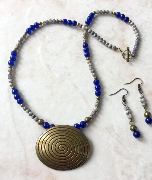 Blue Sapphire and Agate Bronze Necklace & Earrings