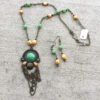 Orange Freshwater Pearl and Green Glass Bronze Tassel Necklace and Earrings Set - Image 2