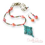 Salmon Shell and Turquoise Bronze Filigree Necklace and Earrings Set