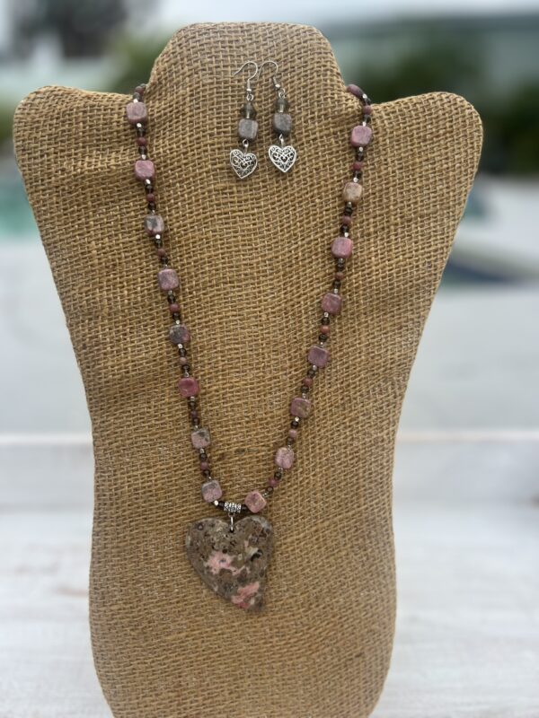 Pink Rhodochrosite Heart Necklace and Earrings Set - Image 3