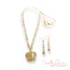 Gold Crown and White Pearl Chain Necklace and Earrings Set