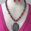 Pink Glass, Clear Glass and Pewter Locket Necklace & Earrings - Image 7