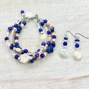 Purple Amethyst, Pearl, Shell and Turquoise Howlite Multi-Strand Bracelet & Earrings