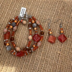 Orange Glass Triple Strand Bracelet & Earrings Set