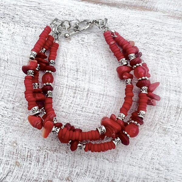 Red Bamboo, Ruby and Clay Multi-Strand Bracelet & Earrings Set