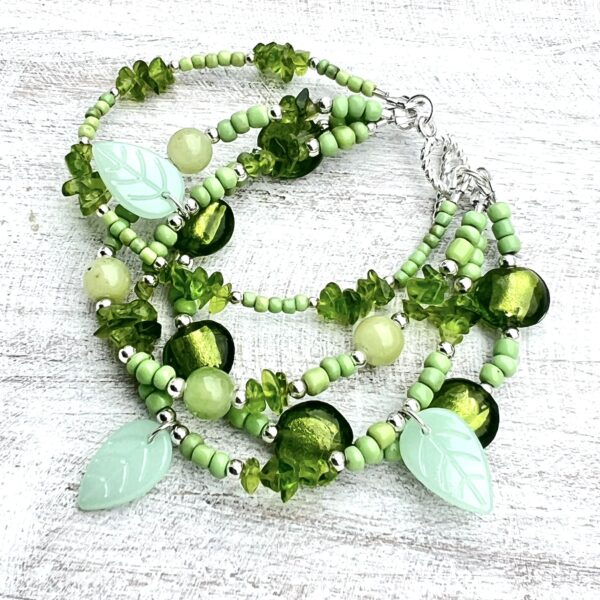 Green Glass and Stone Multi-Strand Bracelet & Earrings