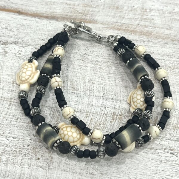 Black Lava and Polymer Clay Turtle Multi-Strand Bracelet & Earrings