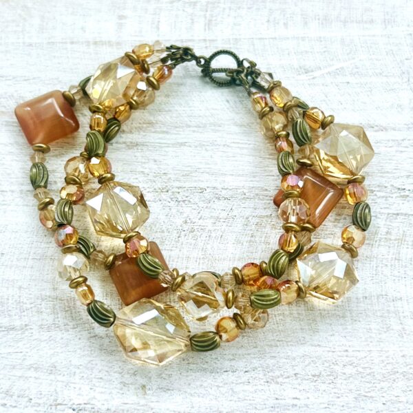 Brown, Gold and Amber Bronze Multi-Strand Bracelet and Earrings Set