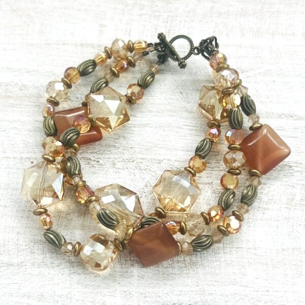 Brown, Gold and Amber Bronze Multi-Strand Bracelet and Earrings Set