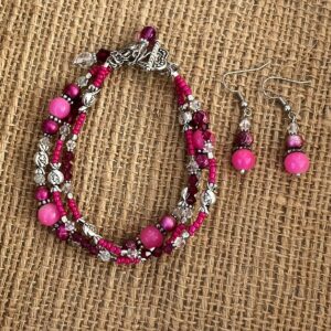 Hot Pink Glass and Silver Candy Multi-Strand Bracelet & Earrings