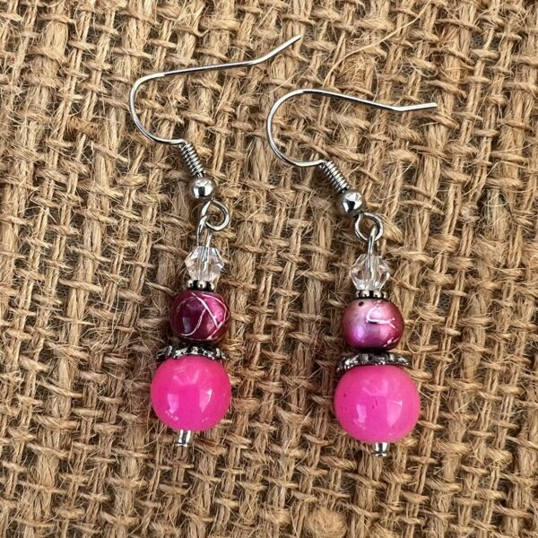 Hot Pink Glass and Silver Candy Multi-Strand Bracelet & Earrings Set - Image 2