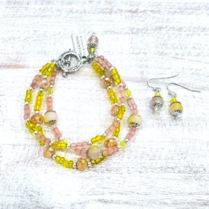 Yellow & Pink Glass Multi-Strand Bracelet and Earrings set