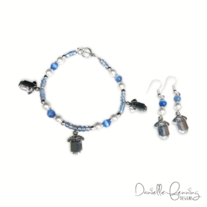 Baby Blue and White Pearl “Baby” Onesie Charm Bracelet & Earrings