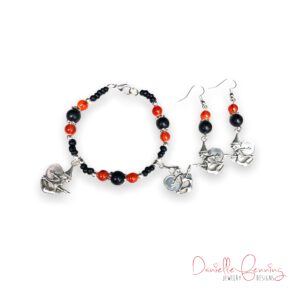 Black Obsidian and Orange Glass Witch Halloween Charm Bracelet and Earrings Set