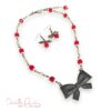 Red Glass, Cream Glass Pearl and Bronze Bow Necklace and Earrings Set