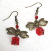Red Glass, Cream Glass Pearl and Bronze Bow Necklace and Earrings Set - Image 2
