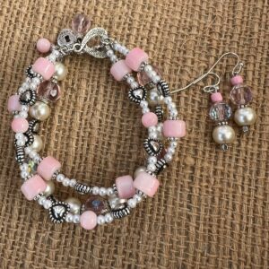 Pink Glass and White Glass Pearl Heart Multi-Strand Bracelet and Earrings Set