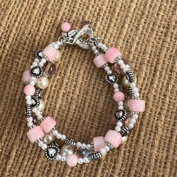 Pink Glass and White Glass Pearl Heart Multi-Strand Bracelet and Earrings Set