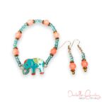 Fluorescent Orange and Teal Glass Elephant Stretch Bracelet and Earrings Set