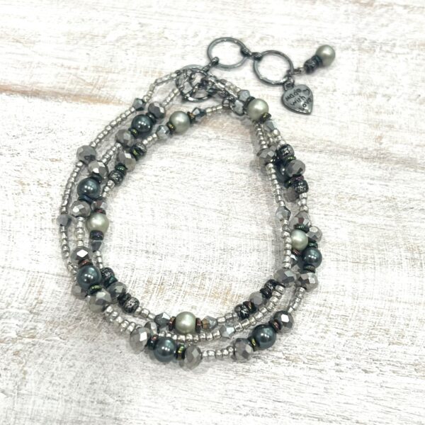 Gray Glass and Iridescent Facet Multi-Strand Bracelet & Earrings Set