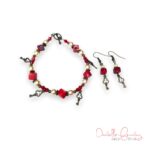 Red Bamboo and Cream Glass Pearl Bronze Key Charm Bracelet and Earrings Set