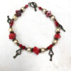 Red Bamboo and Cream Glass Pearl Bronze Key Charm Bracelet and Earrings Set - Image 3