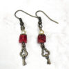 Red Bamboo and Cream Glass Pearl Bronze Key Charm Bracelet and Earrings Set - Image 2