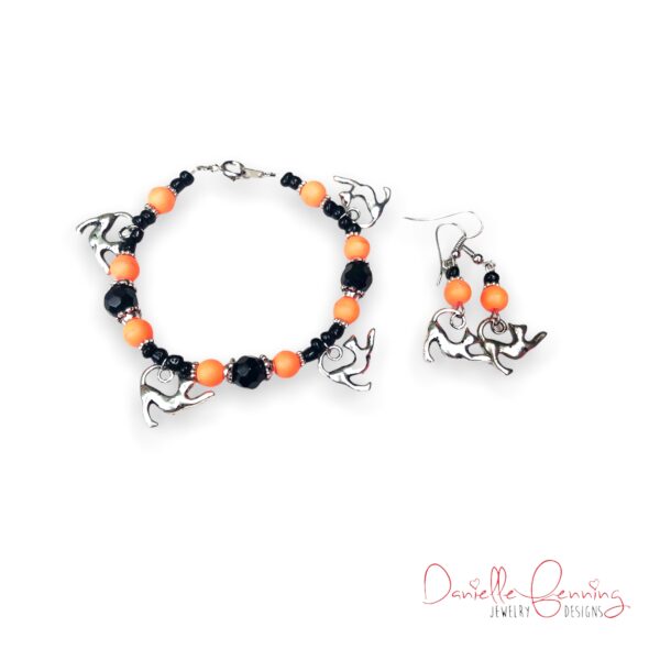 Orange and Black Glass Cat Charm Bracelet and Earrings Set