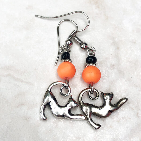 Orange and Black Glass Cat Charm Bracelet and Earrings Set - Image 2