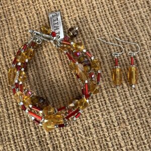 Gold and Red Glass "I Will" Charm Multi-Strand Bracelet & Earrings Set