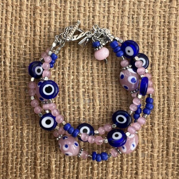 Pink and Blue Evil Eye and Heart Charm Multi-Strand Bracelet & Earrings Set