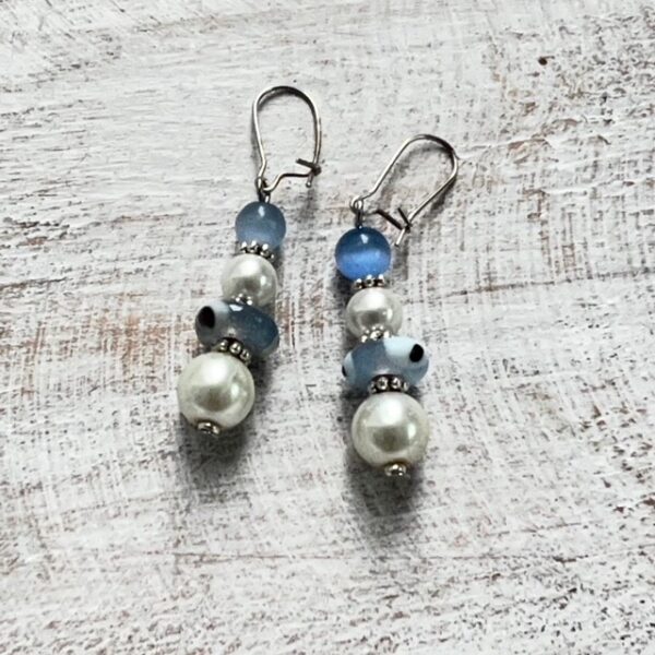 Light Blue and White Pearl Multi-Strand Bracelet & Earrings Set