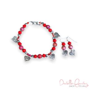 Iridescent Red Glass and Wood Heart Charm Bracelet Set