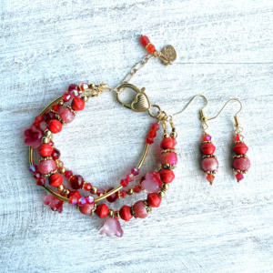 Iridescent Red Glass and Wood Multi-Strand Tulip Bracelet and Earrings Set