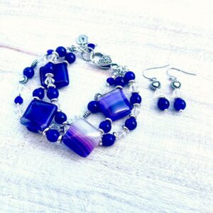 Diamond Purple Striped Agate and Glass Multi-Strand Bracelet