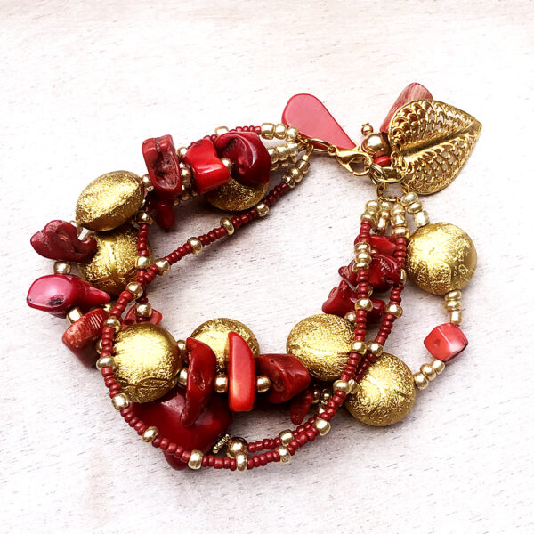 Red Coral, Gold Glass and Acrylic Quadruple Strand Bracelet Set