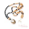 Black and Gold Pearl Mala Necklace with Leopard Fur Jasper Donut Pendant