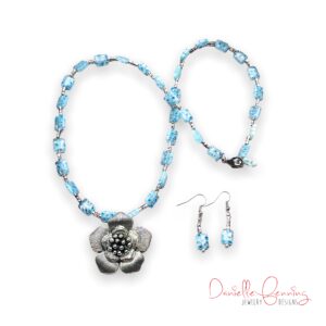 Teal Millefiori and Silver Flower Necklace and Earrings