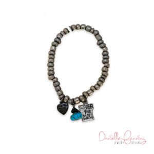 Gunmetal Stretch Bracelet with Heart Charm, Turquoise and Over the Hill Charm