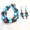Turquoise Glass and Brown Wood Bronze Triple Strand Bracelet & Earrings Set - Image 3
