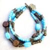 Turquoise Glass and Brown Wood Bronze Triple Strand Bracelet & Earrings Set - Image 2